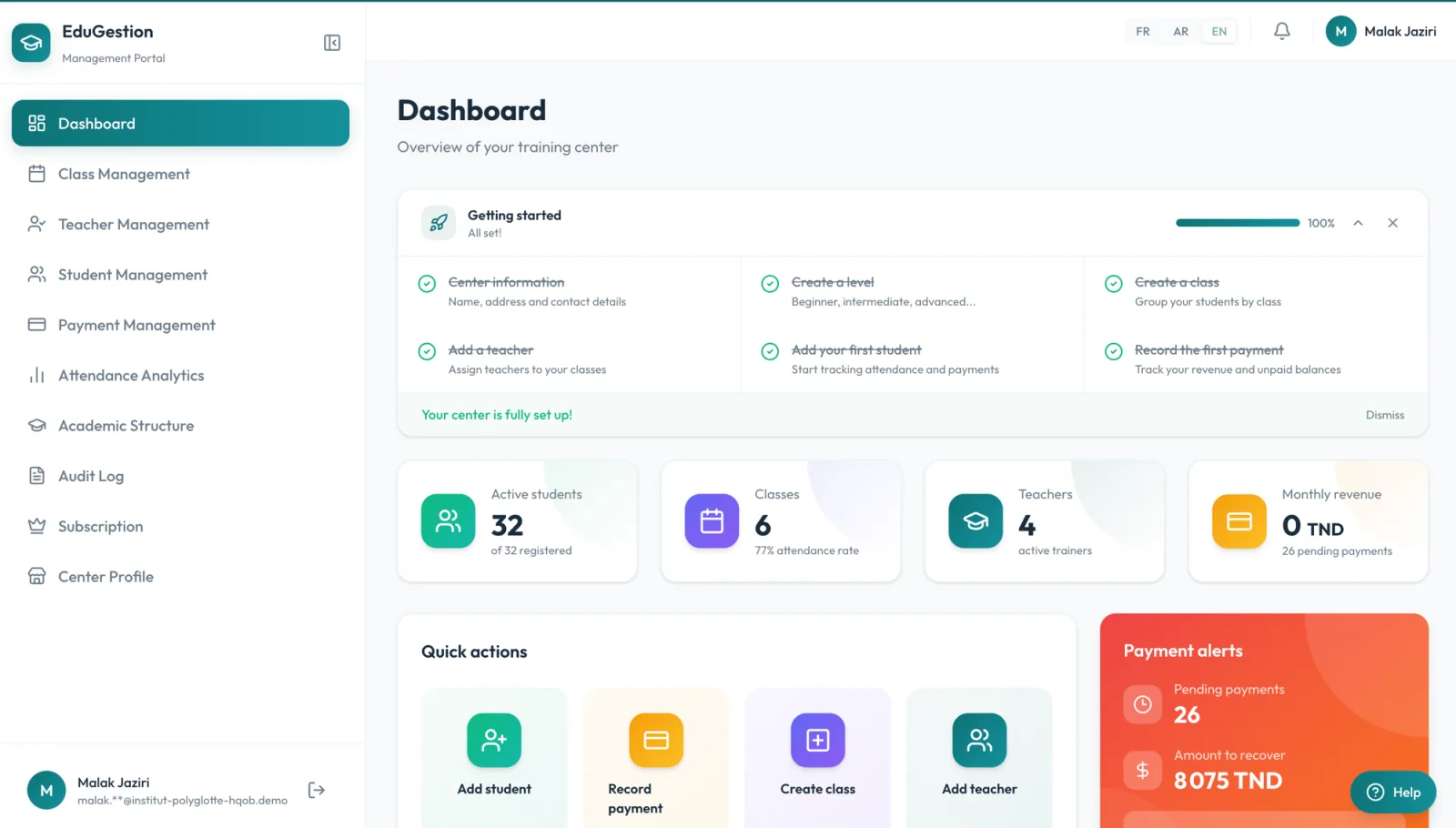 Guided onboarding — a center is fully set up in six steps