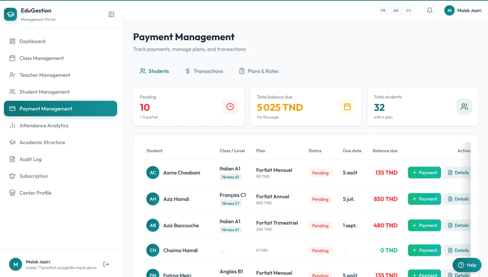 Payment management — plans, balances due, and transaction history