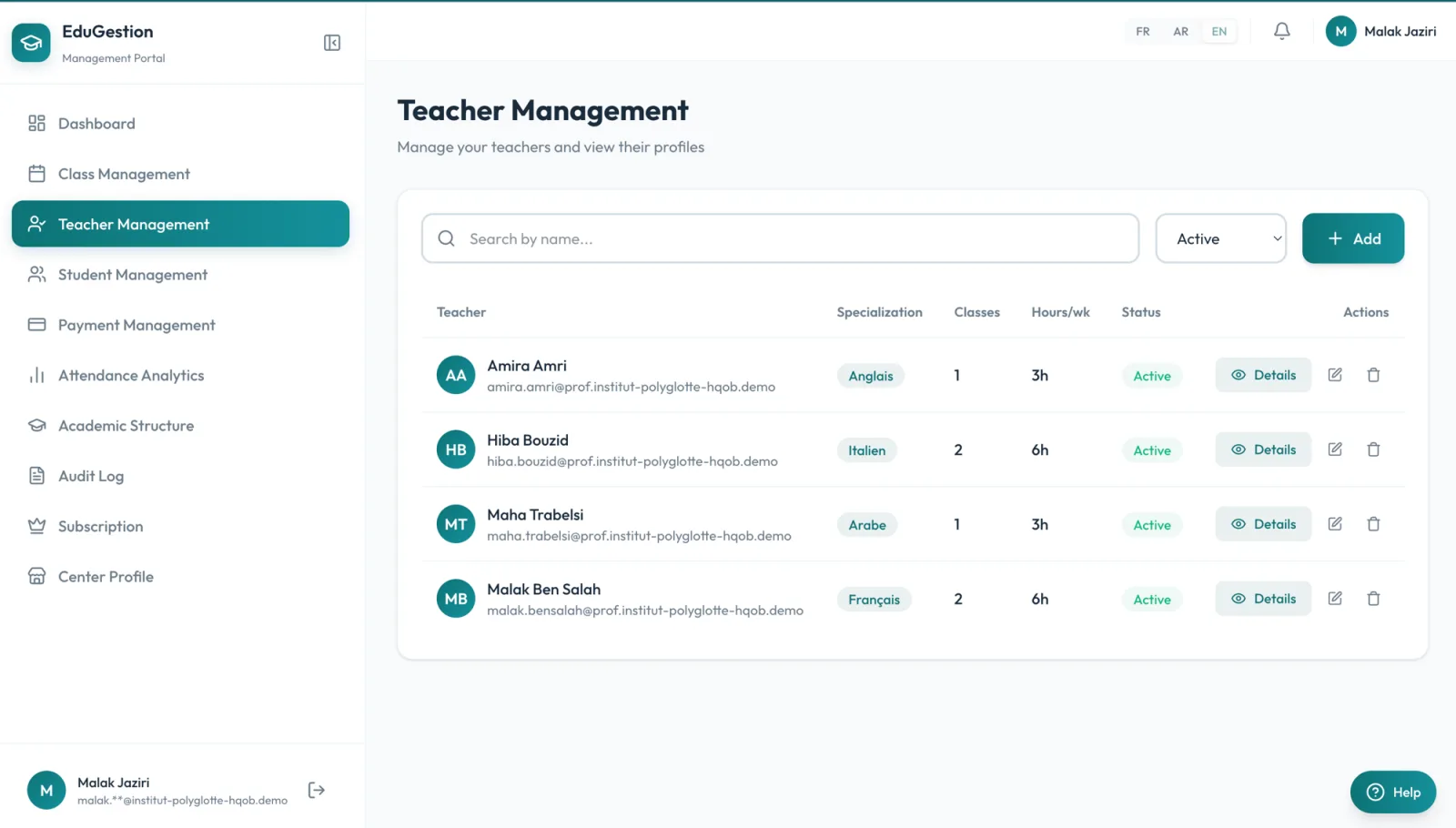 Teacher management — profiles, specializations, and weekly load